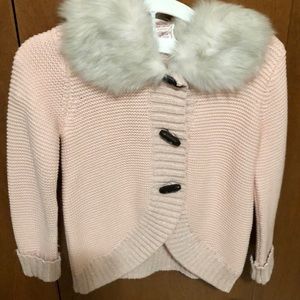 Toddler Pink Button Down Sweater with fur collar.